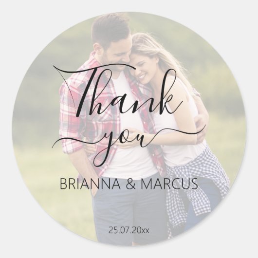 Foto half transparant eenvoudig huwelijk dank u ronde sticker (Voorkant)