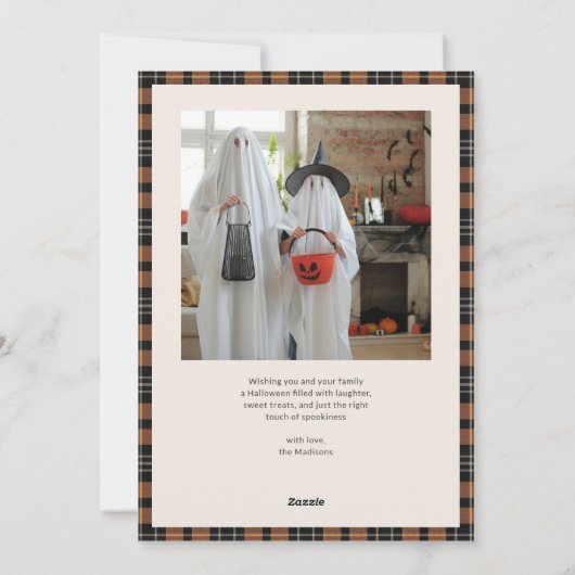 Foto Halloween Plaid Tartan Sinaasappel Zwart Feestdagenkaart (Achterkant)