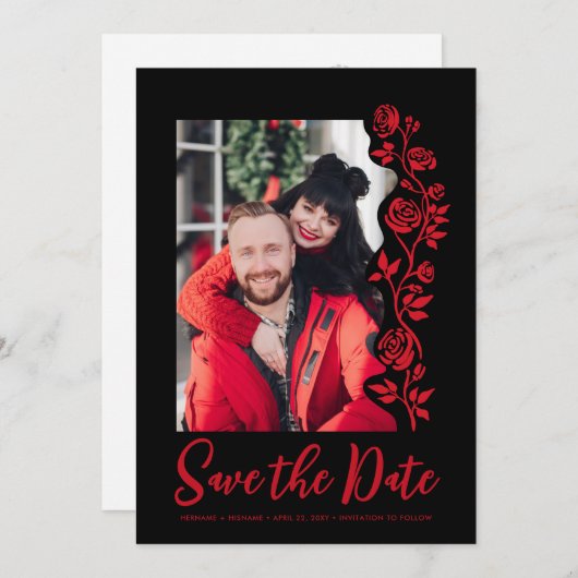 Foto Hand getekend Rode Rozen Zwart Vet Eenvoudig Save The Date (Voorkant / Achterkant)