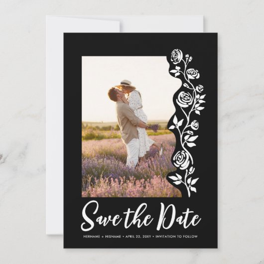 Foto Hand getrokken Rozen Zwart Wit Romantisch Een Save The Date (Voorkant)