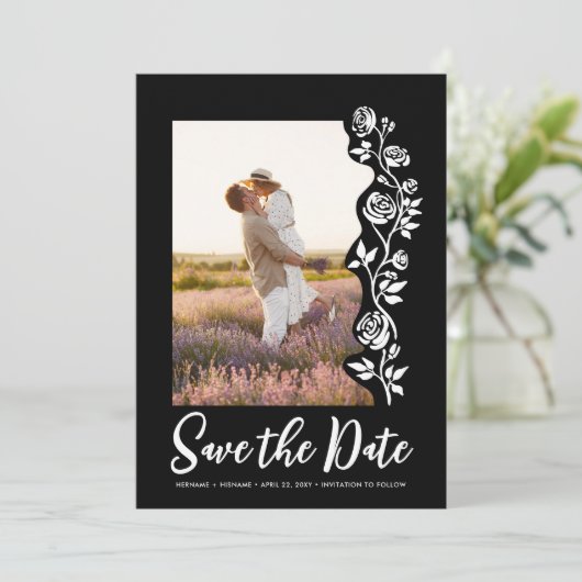 Foto Hand getrokken Rozen Zwart Wit Romantisch Een Save The Date (Staand voorkant)