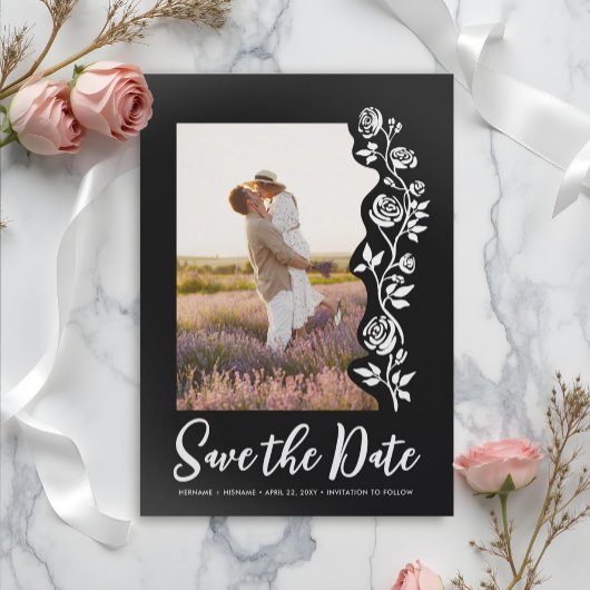 Foto Hand getrokken Rozen Zwart Wit Romantisch Een Save The Date