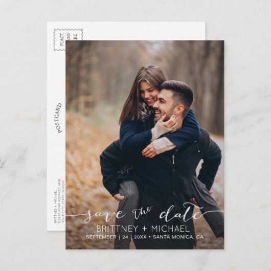 Foto Handgeschreven Minimal White Bewaar de datum Aankondigingskaart (Voorkant / Achterkant)