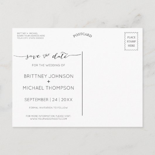 Foto Handgeschreven Minimal White Bewaar de datum Aankondigingskaart (Achterkant)