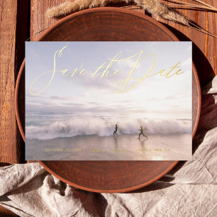 Foto Handgeschreven Stijl Save the Date Gold Folie Uitnodiging