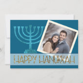 Foto Hanukka Blauwe Witte Gouden Menora Glitter Feestdagenkaart (Voorkant)