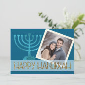 Foto Hanukka Blauwe Witte Gouden Menora Glitter Feestdagenkaart (Staand voorkant)