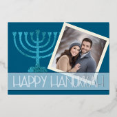 Foto Hanukkah Blauw Witte Gouden Menora Glitter Folie Feestdagenkaart (Voorkant)