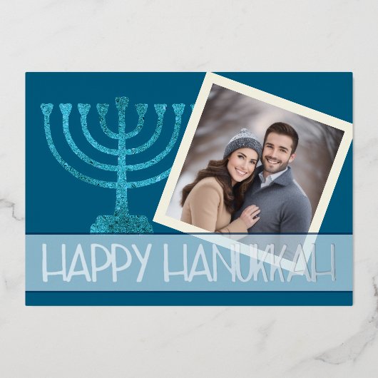 Foto Hanukkah Blauw Witte Gouden Menora Glitter Folie Feestdagenkaart (Voorkant)