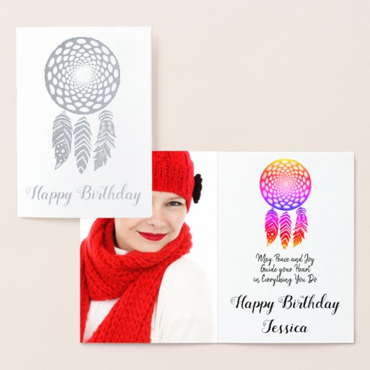 Foto Happy Birthday Silver Foil Feathers Kaart (Display)