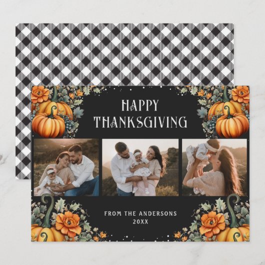 Foto Happy Thanksgiving Kaart Pompoenen Bloemen (Voorkant / Achterkant)