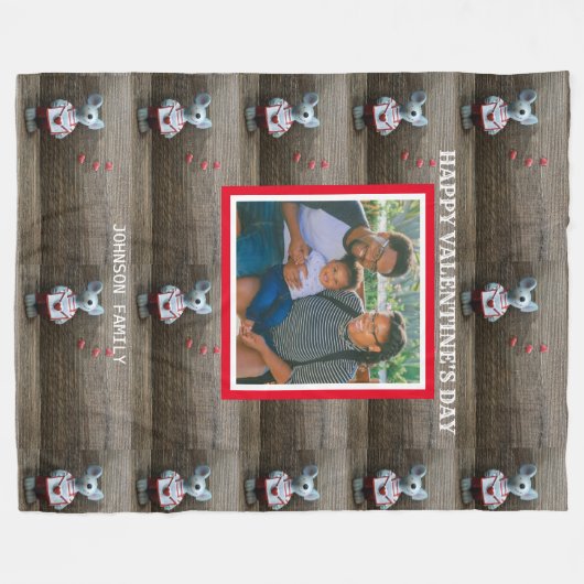 Foto Happy Valentijns Red Heart Rustic Wood Mouse Fleece Deken (Voorkant (Horizontaal))