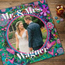 Foto Hart Bloemen Roze Mr Mrs Wedding Legpuzzel
