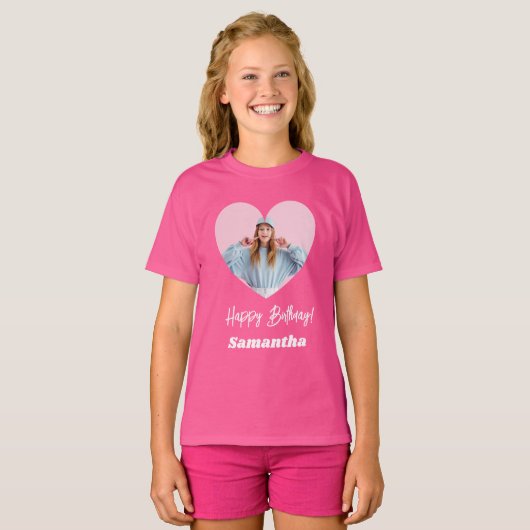 Foto hart naam verjaardag meisje roze t-shirt (Voorkant volledig)
