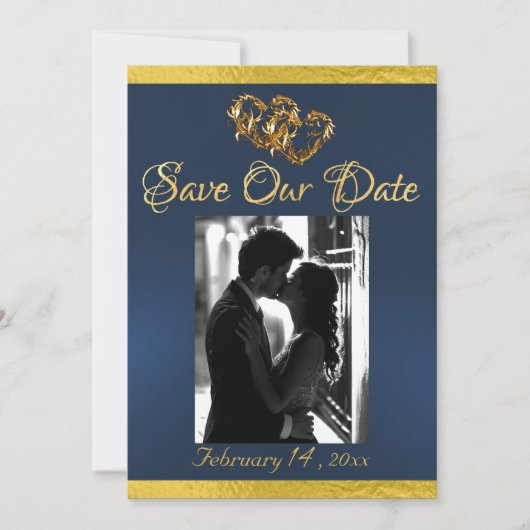 Foto, Harten & Lint - Blauw/Goud Save The Date (Voorkant)