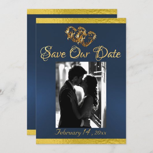 Foto, Harten & Lint - Blauw/Goud Save The Date (Voorkant / Achterkant)