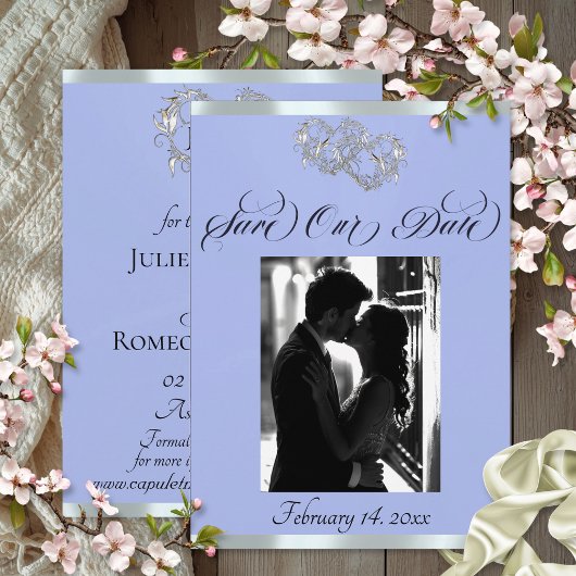 Foto, harten & lint - blauw/zilver save the date