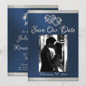 Foto, Harten & Lint - Blauw/Zilver Save The Date (Voorkant / Achterkant)