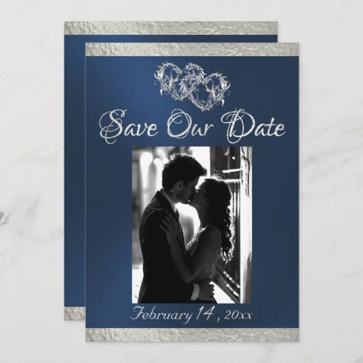 Foto, Harten & Lint - Blauw/Zilver Save The Date (Voorkant / Achterkant)