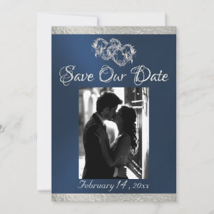 Foto, Harten & Lint - Blauw/Zilver Save The Date