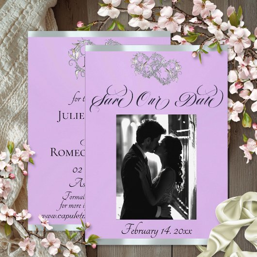 Foto, harten & lint - lavendel/zilver save the date