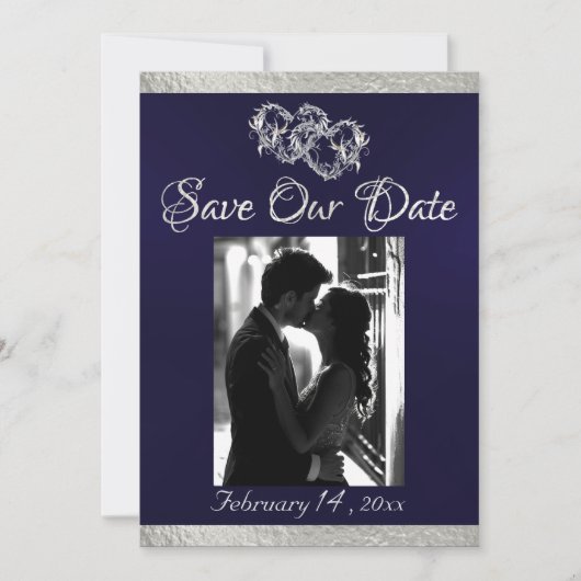 Foto, Harten & Lint - Navy blauw/zilver Save The Date (Voorkant)