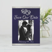 Foto, Harten & Lint - Navy blauw/zilver Save The Date (Staand voorkant)