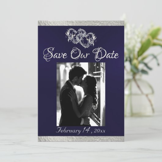 Foto, Harten & Lint - Navy blauw/zilver Save The Date (Staand voorkant)