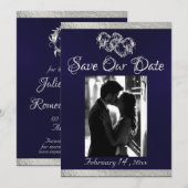 Foto, Harten & Lint - Navy blauw/zilver Save The Date (Voorkant / Achterkant)