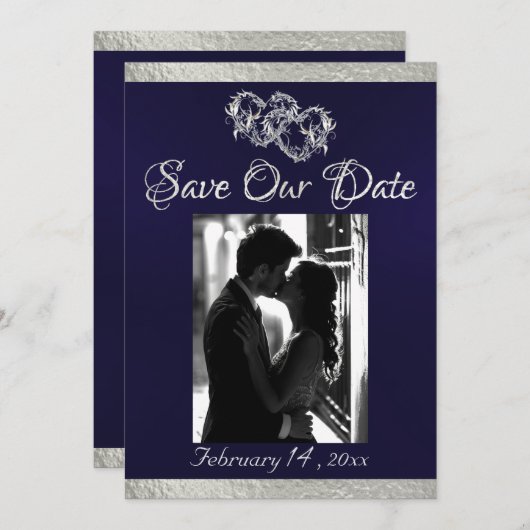 Foto, Harten & Lint - Navy blauw/zilver Save The Date (Voorkant / Achterkant)