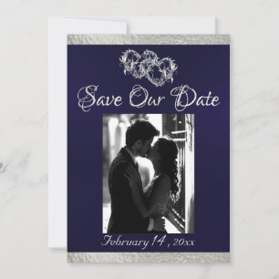 Foto, Harten & Lint - Navy blauw/zilver Save The Date