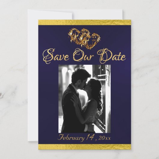 Foto, Harten & Lint - Navy/Gold Save The Date (Voorkant)