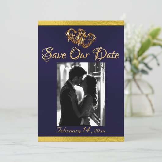 Foto, Harten & Lint - Navy/Gold Save The Date (Staand voorkant)