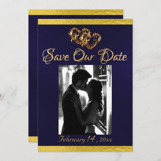 Foto, Harten & Lint - Navy/Gold Save The Date (Voorkant / Achterkant)