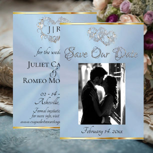 Foto, Harten & Lint - Pastelblauw/Zilver Save The Date