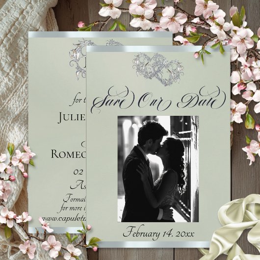Foto, harten & lint - Sage Parel/Zilver Save The Date