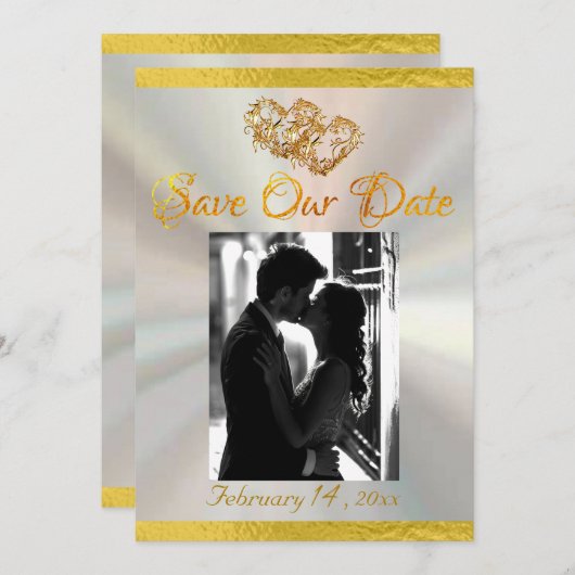 Foto, Harten & Lint - White Pearl/Gold Save The Date (Voorkant / Achterkant)