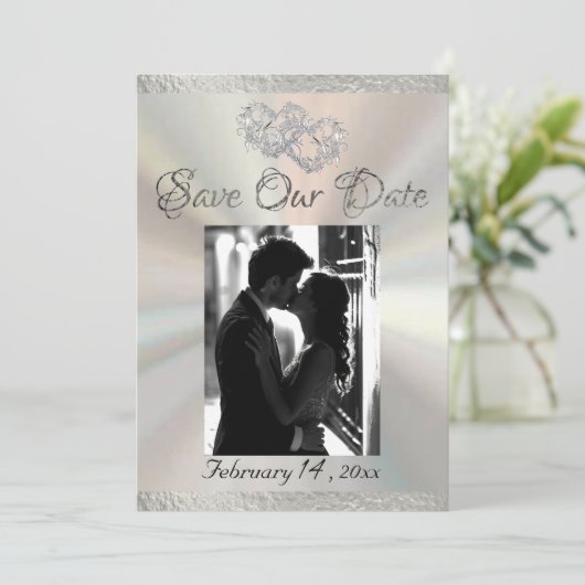 Foto, Harten & Lint - Wit/Zilver Save The Date (Staand voorkant)