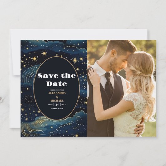 Foto Hemels Middenblauw Sterren Maan Bruiloft Save The Date (Voorkant)