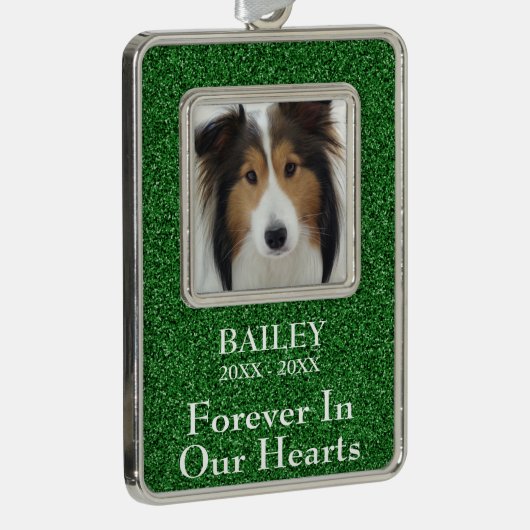 Foto Herdenking Groen Glitterende Hond Verzilverd Omlijst Ornament (Rechts)