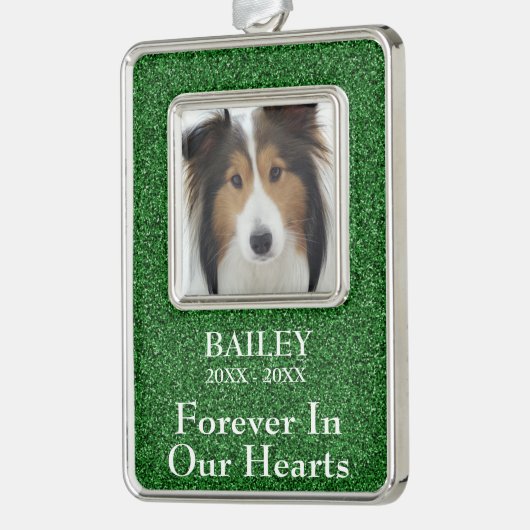 Foto Herdenking Groen Glitterende Hond Verzilverd Omlijst Ornament (Links)