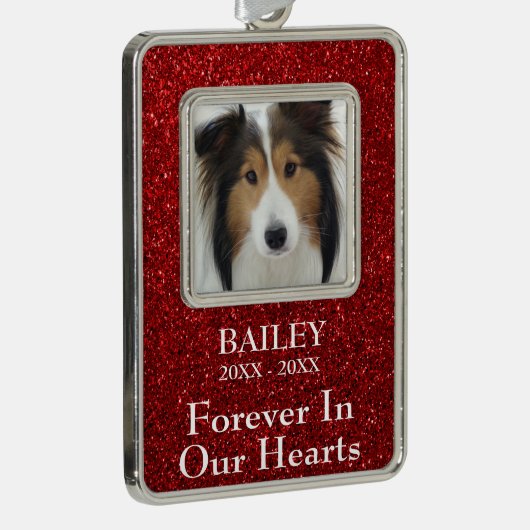 Foto Herdenking Rood Glitterende Hond Verzilverd Omlijst Ornament (Rechts)