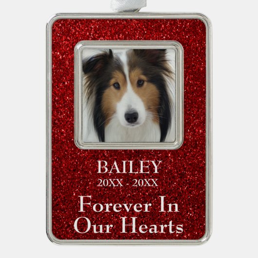 Foto Herdenking Rood Glitterende Hond Verzilverd Omlijst Ornament (Voorkant)