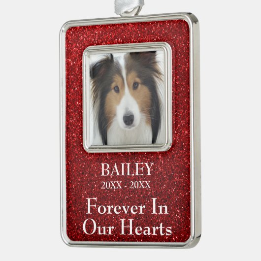 Foto Herdenking Rood Glitterende Hond Verzilverd Omlijst Ornament (Links)