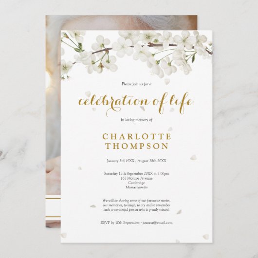 Foto-herdenking van het leven Witte Bloesem Bloems Kaart (Voorkant / Achterkant)