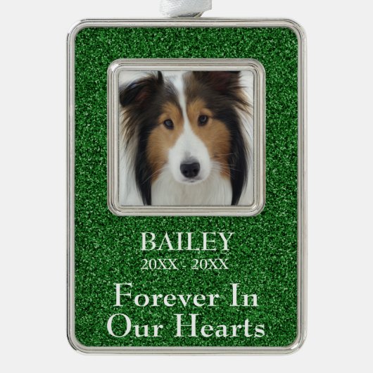 Foto Herdenkings groene glitters hond Verzilverd Omlijst Ornament (Voorkant)