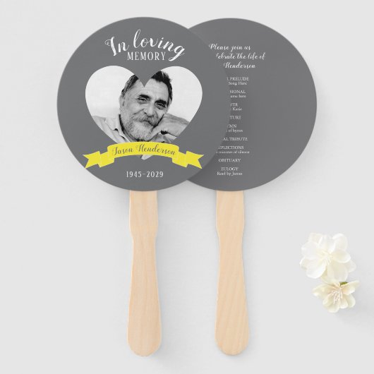 Foto-herdenkingsdienst geel lintprogramma ventilat handwaaier (Voorkant en achterkant)