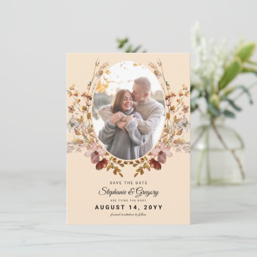 Foto Herfst Boho Wildflower Bruiloft Save The Date (Staand voorkant)