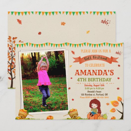 Foto Herfst festival verjaardagsuitnodiging meisje Kaart (Voorkant / Achterkant)