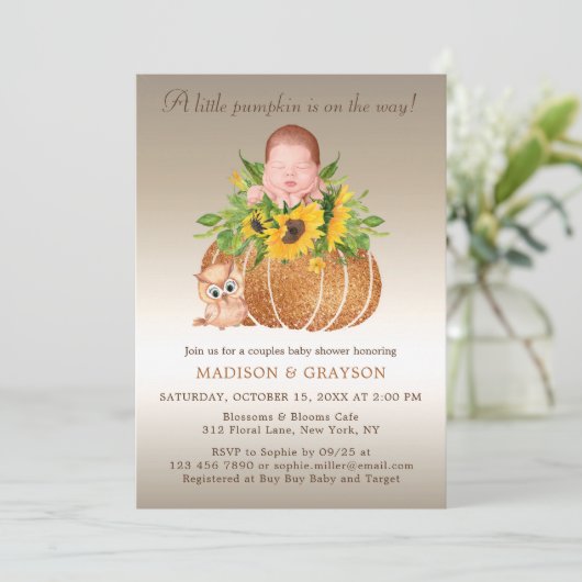 Foto Herfst Zonnebloemen Baby shower Uitnodiging (Staand voorkant)